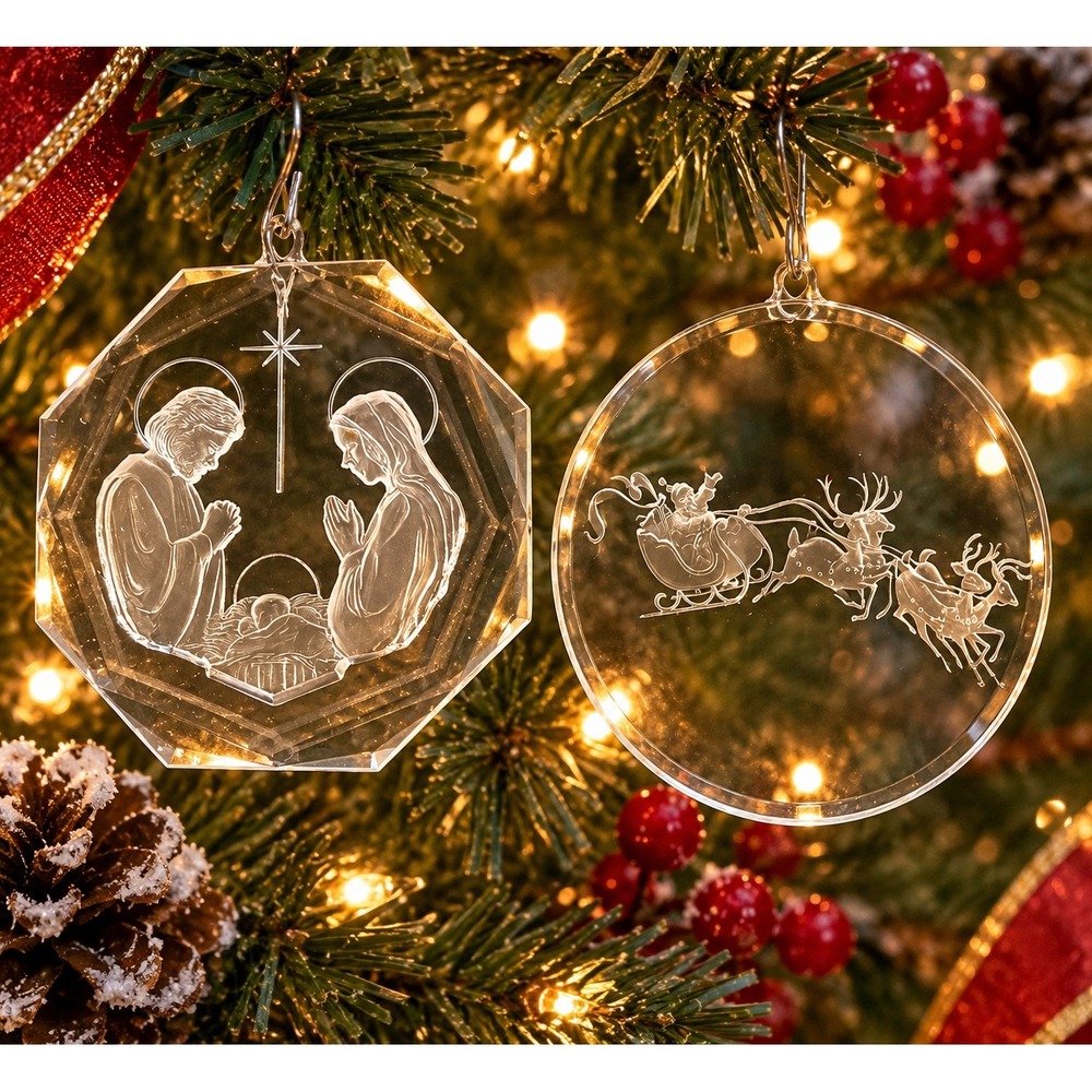 Vintage Etched Acrylic Christmas Ornaments Set Nativity Santa Sleigh Clear 3in